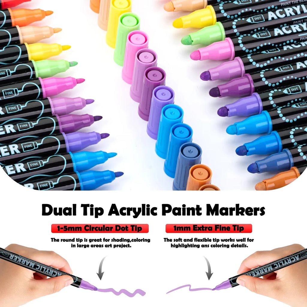 AngelMark Acrylic Marker Pen Double Headed Waterproof Art Painting Supplies School Stationary Graffiti Drawing12-72Colors