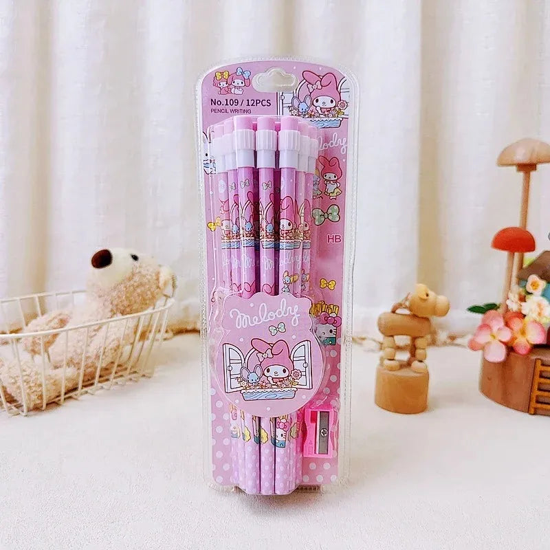 12pcs Cinnamorolls Kuromis Cute Cartoon HB Pencils, 12 Pencils & 1 Pencil Roller Stationery Box Set, Writing & Drawing