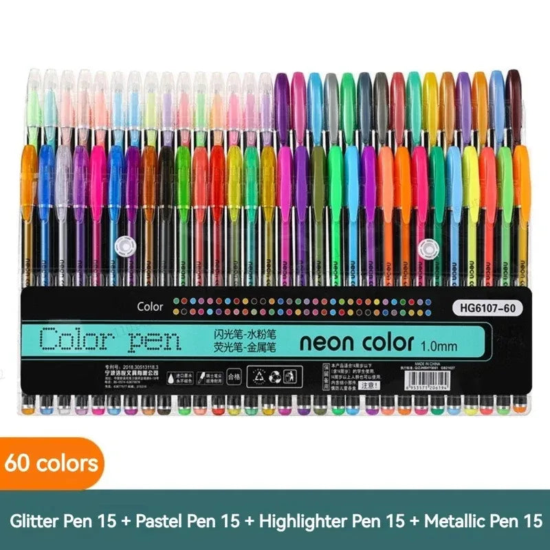 12-60Pcs Metallic Glitter Colors Gel Pens & Pen Refills For School Office Adult Coloring Book Journals Drawing Art Markers