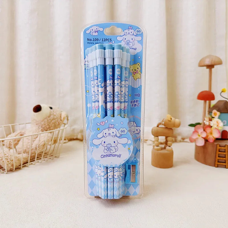 Sanrio 12Pc Kawaii HB Pencil Set – Kuromi, Cinnamoroll & Box for Writing