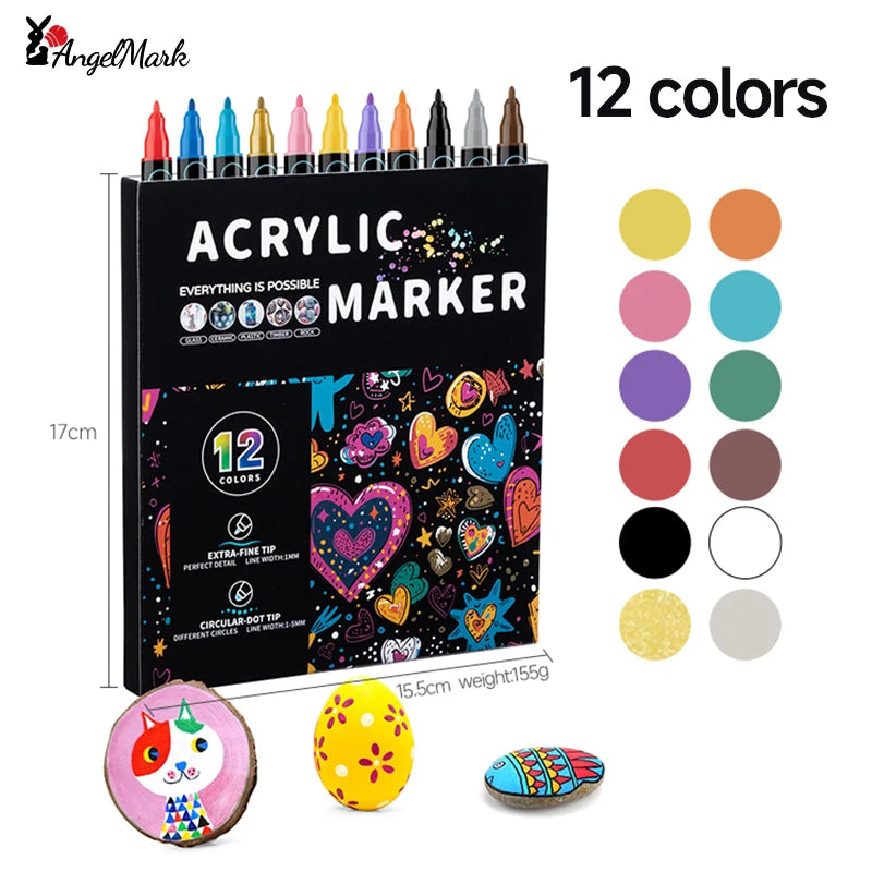 AngelMark Acrylic Marker Pen Double Headed Waterproof Art Painting Supplies School Stationary Graffiti Drawing12-72Colors