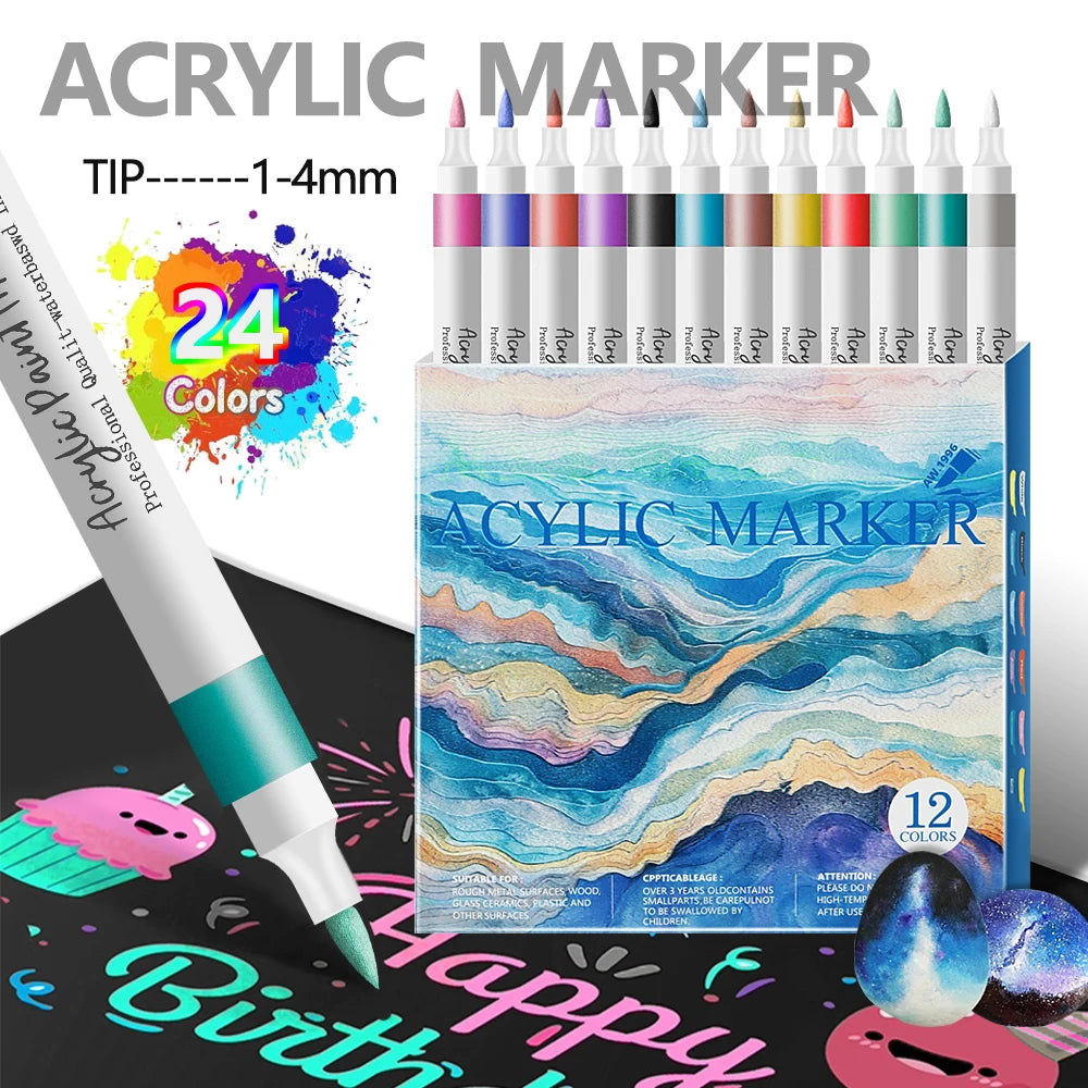 12/24 Colors Soft Headed Different Color Acrylic Marker Pen, Color Art Graffiti Pen, Waterproof, Opaque, Water-Based Soft Headed