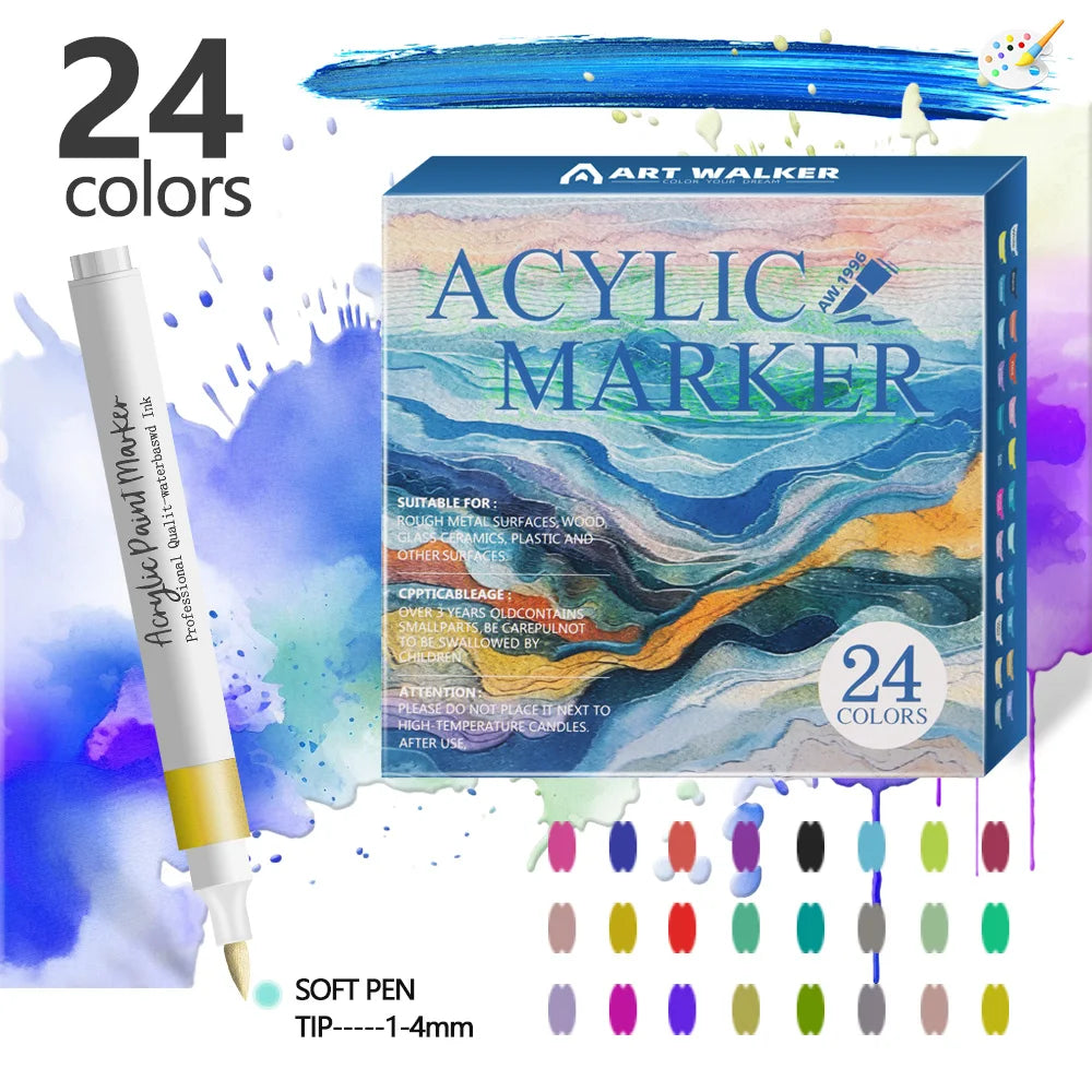 12/24 Colors Soft Headed Different Color Acrylic Marker Pen, Color Art Graffiti Pen, Waterproof, Opaque, Water-Based Soft Headed