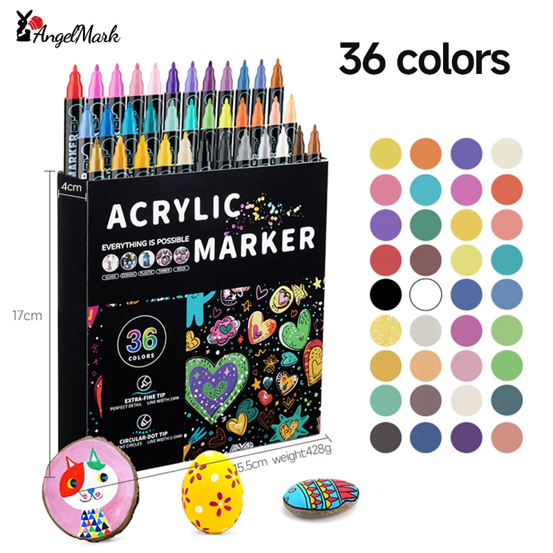 AngelMark Acrylic Marker Pen Double Headed Waterproof Art Painting Supplies School Stationary Graffiti Drawing12-72Colors
