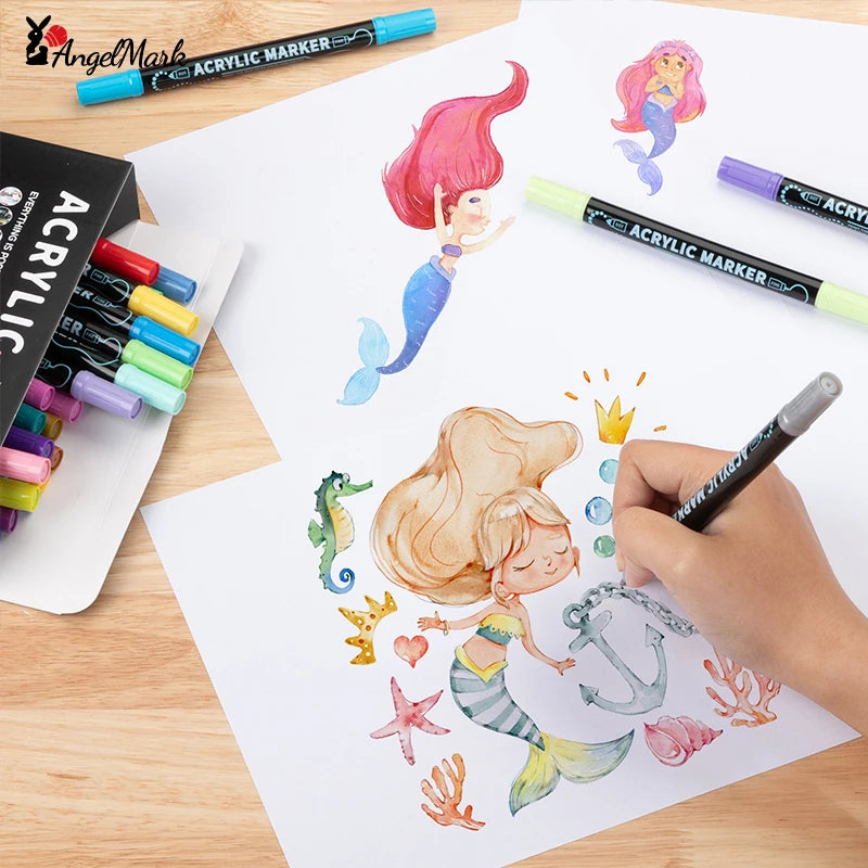 AngelMark Acrylic Marker Pen Double Headed Waterproof Art Painting Supplies School Stationary Graffiti Drawing12-72Colors
