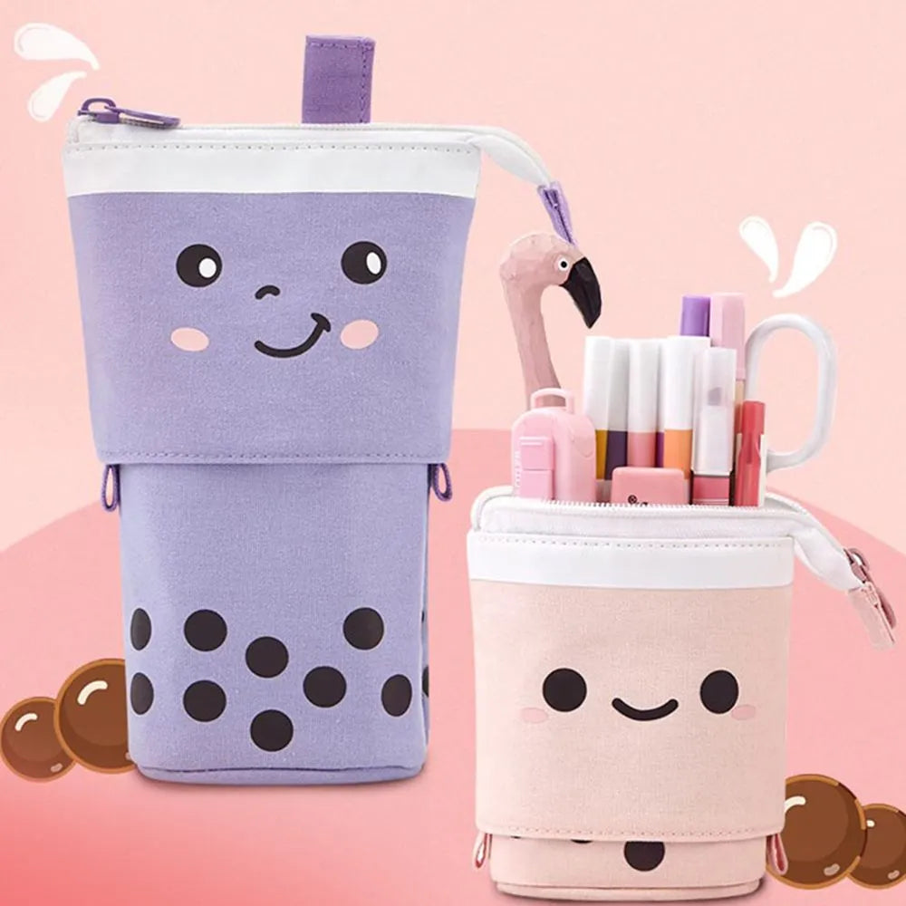 Cute Retractable Boba Milk Tea Pencil Case Organizer - Pink (1Pc)