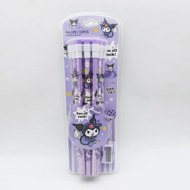 Sanrio 12Pc Kawaii HB Pencil Set – Kuromi, Cinnamoroll & Box for Writing