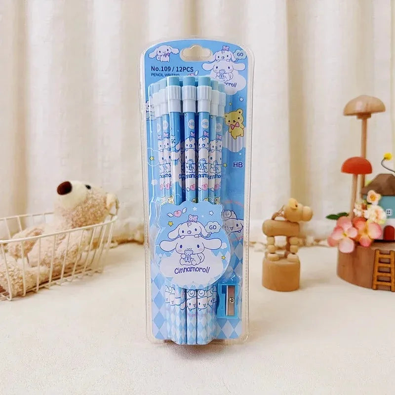 12pcs Cinnamorolls Kuromis Cute Cartoon HB Pencils, 12 Pencils & 1 Pencil Roller Stationery Box Set, Writing & Drawing