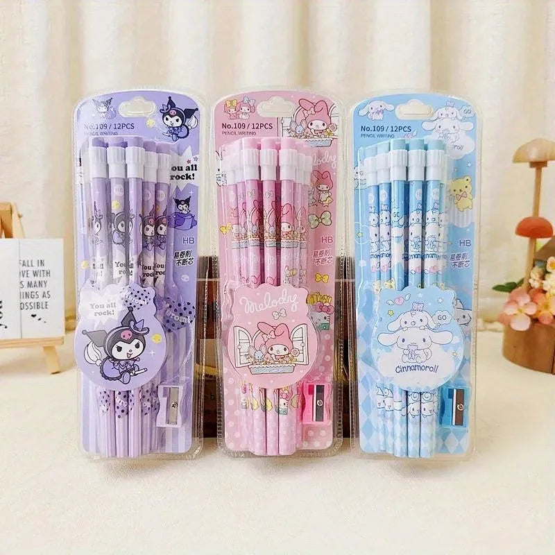 12pcs Cinnamorolls Kuromis Cute Cartoon HB Pencils, 12 Pencils & 1 Pencil Roller Stationery Box Set, Writing & Drawing