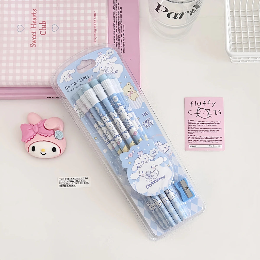 Sanrio 12Pc Kawaii HB Pencil Set – Kuromi, Cinnamoroll & Box for Writing