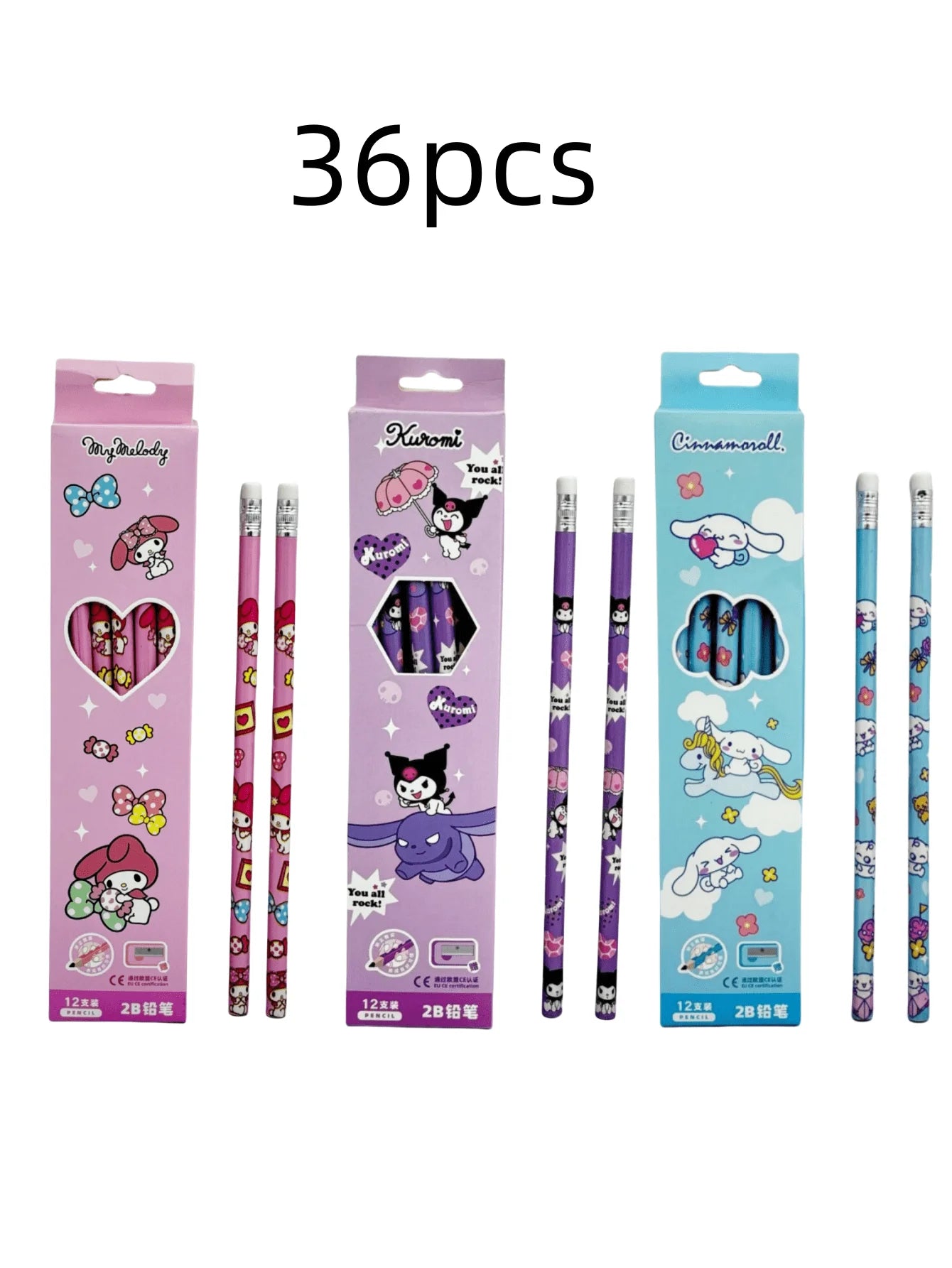 12/36Pcs/set  Pencil with eraser Melody Kuromi Cinnamoroll HB Black Write Draw Pencils Primary Stationery