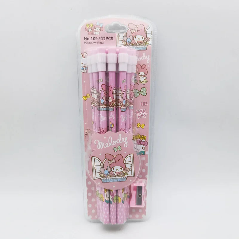 Sanrio 12Pc Kawaii HB Pencil Set – Kuromi, Cinnamoroll & Box for Writing