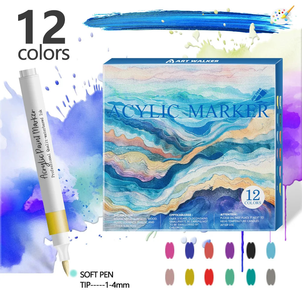 12/24 Colors Soft Headed Different Color Acrylic Marker Pen, Color Art Graffiti Pen, Waterproof, Opaque, Water-Based Soft Headed