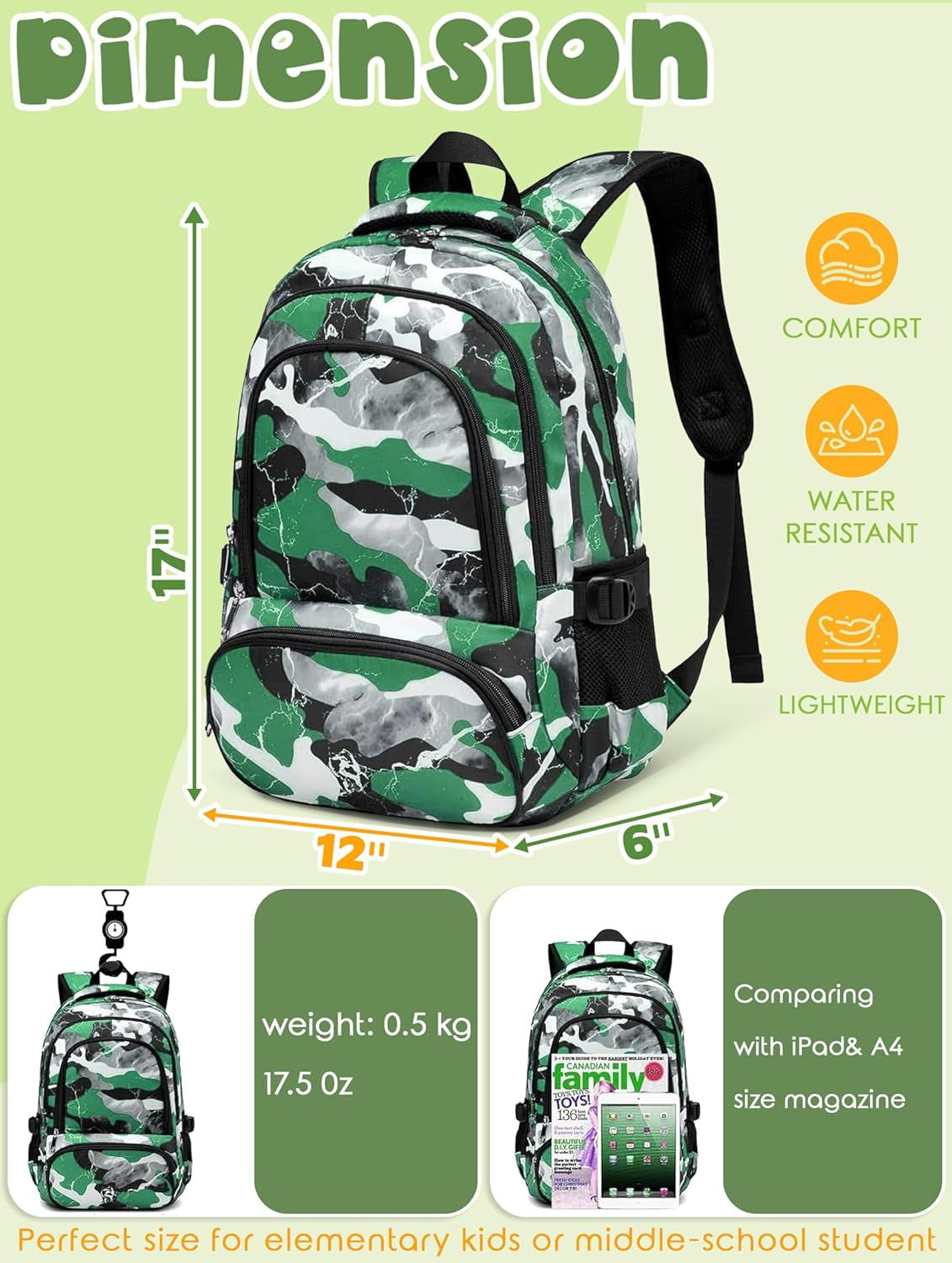 Kids Backpack for Boys and Girls Elementary Book Bags Primary Middle School Bookbags for Teens Back to School Gifts for Son 17" Mochila Escolares Para Niños De 8 9 10 Camo Green