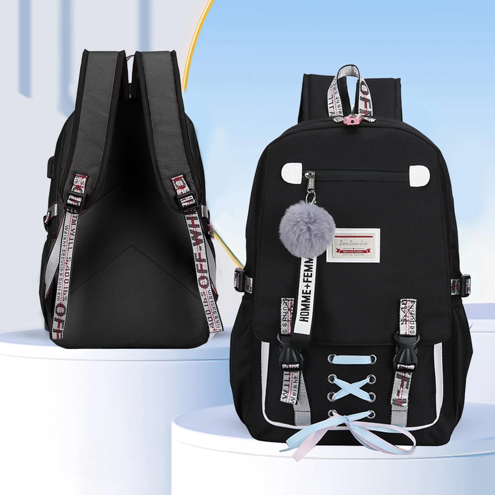 Fashion Teenage Backpack Student Middle School Bag Men and Women Anti-Theft Laptop Backpack with USB Charging Port (Black), One Size