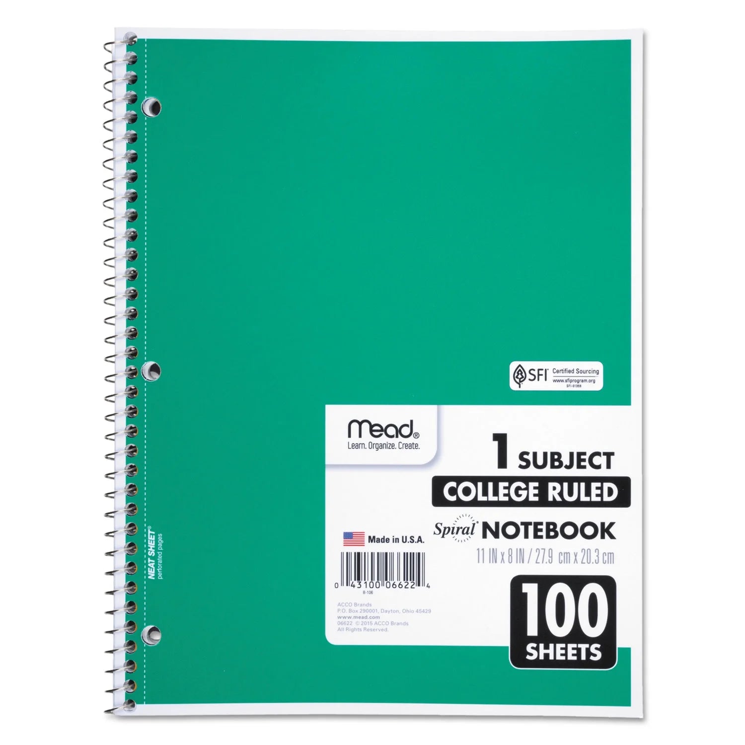 Spiral Bound Notebook, Perforated, College Rule, 11 X 8, White, 100 Sheets
