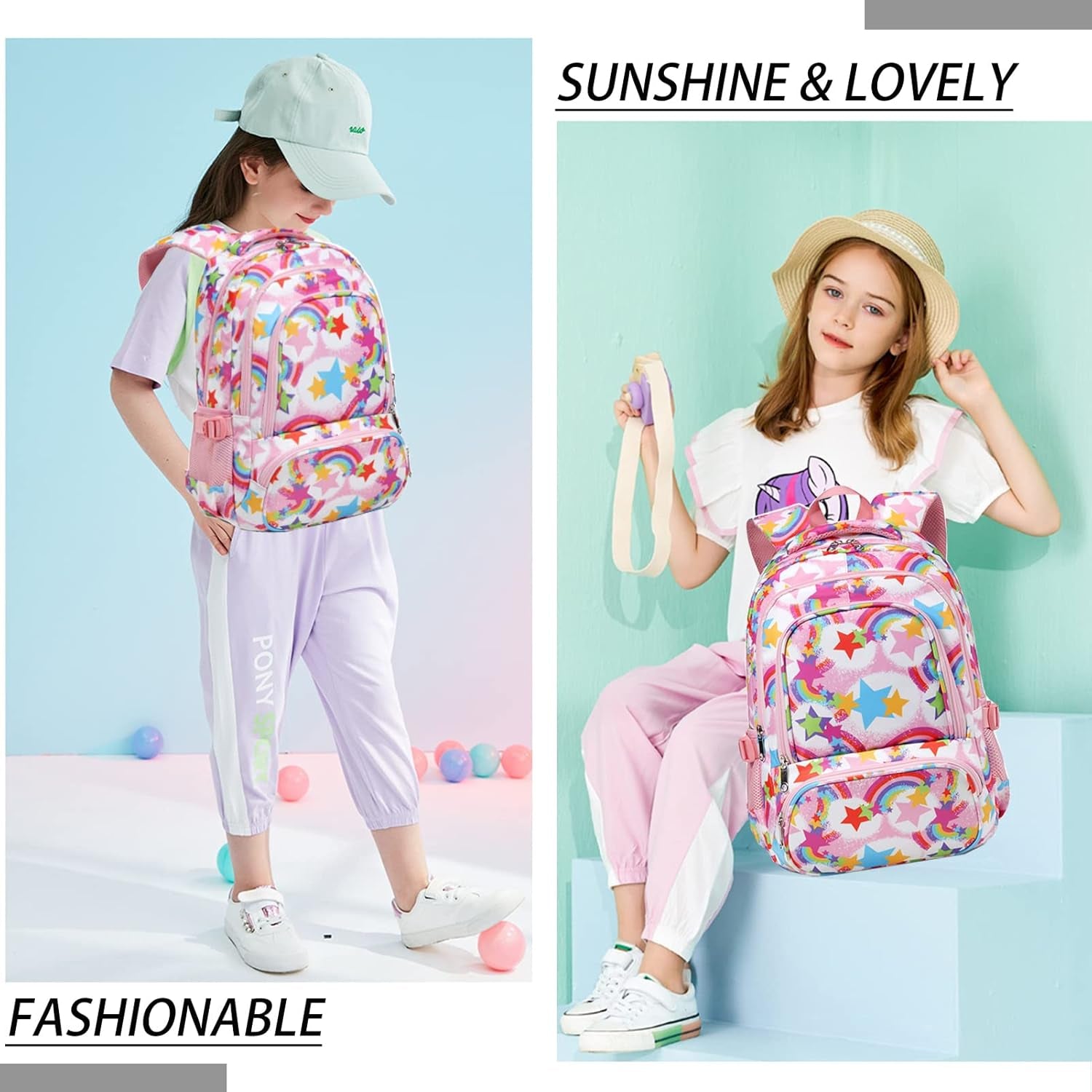 Kids Backpack for Girls Elementary Primary School Bags for Kindergarten Childs Bookbags Lightweight Cute Gifts 17" Mochilas Escolares Para Niñas De 6 7 8 9 Rainbow Pink