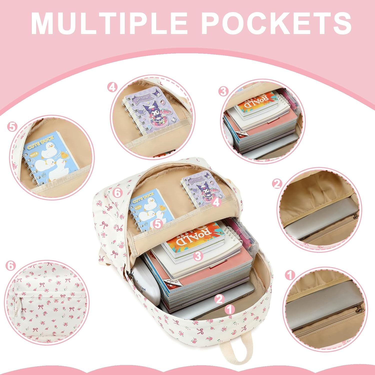 Teen Girls School Backpack Kids Bookbag Set with Lunch Box Pencil Case Travel Laptop Backpack Casual Daypacks (Beige Bow Tie)