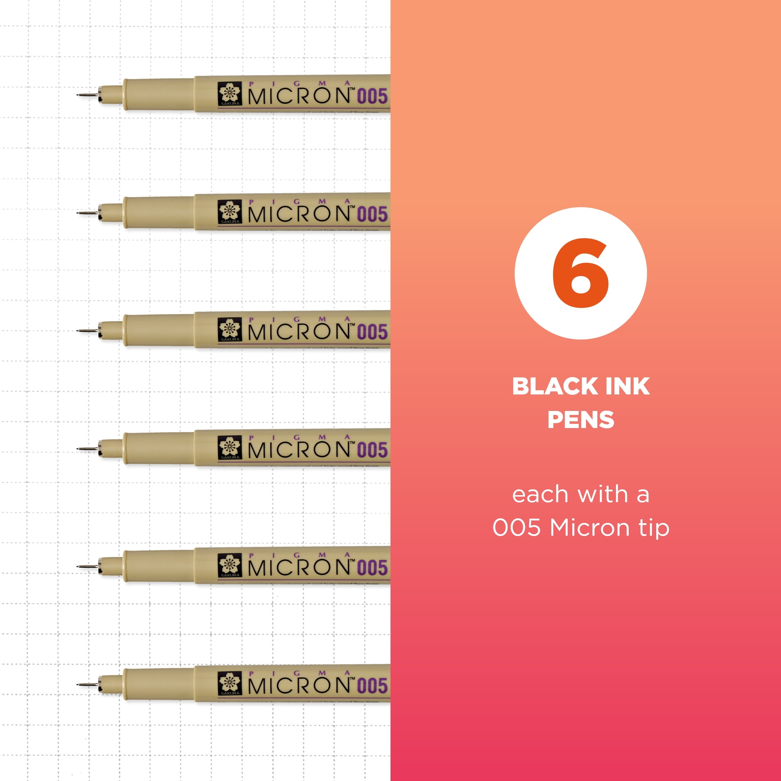 Micron Pens Pack, Fine, 0.2 Mm, Black Ink, 6 Count