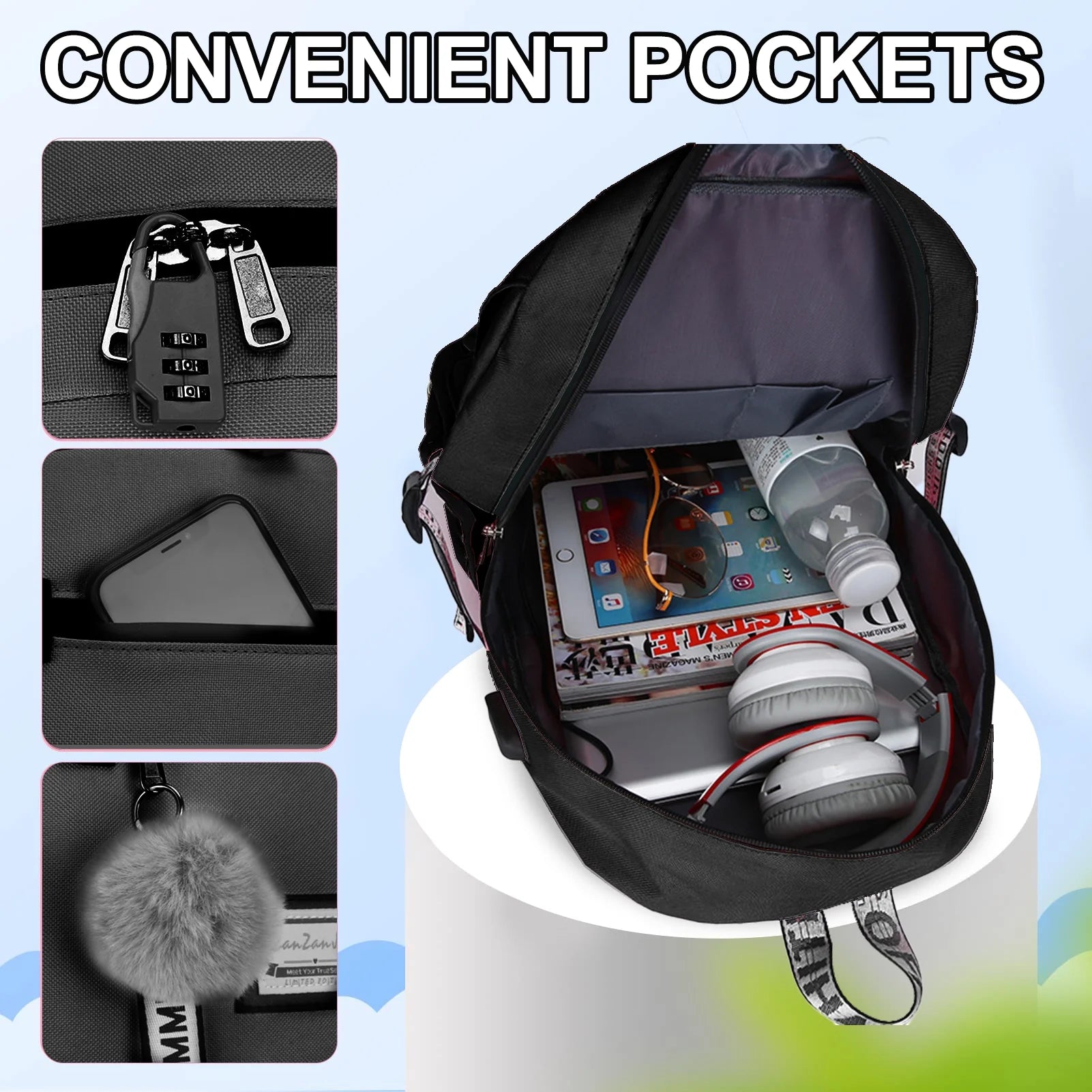 Fashion Teenage Backpack Student Middle School Bag Men and Women Anti-Theft Laptop Backpack with USB Charging Port (Black), One Size