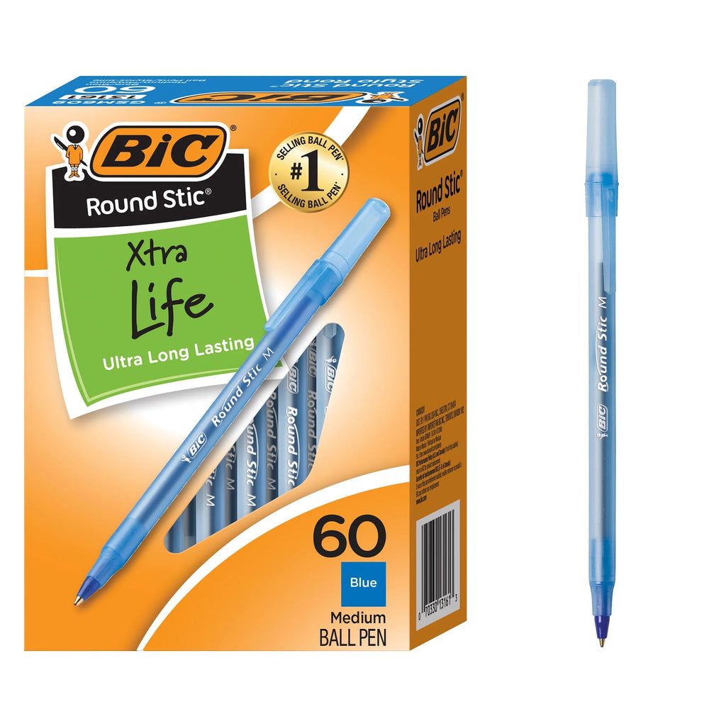 (3 Pack)  round Stic Xtra Life Ballpoint Pens, Medium Point, Blue Ink, 60 Count