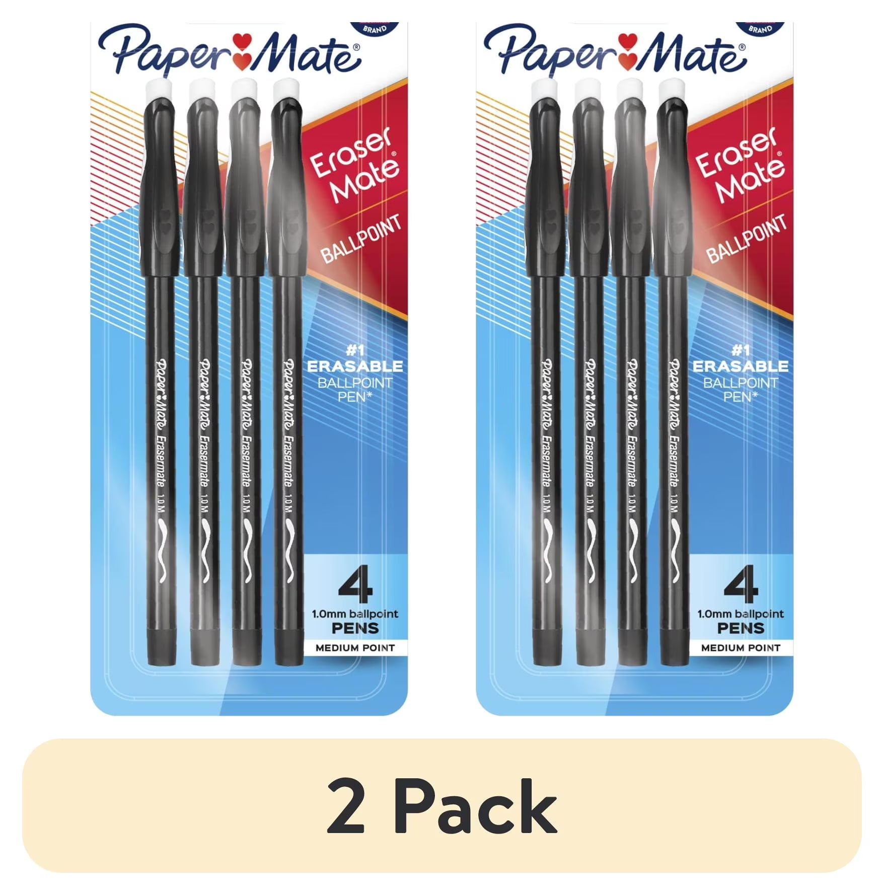 (2 Pack)  Erasermate Erasable Pens, Ballpoint Pens, Medium Point (1.0Mm), Black, 4 Count