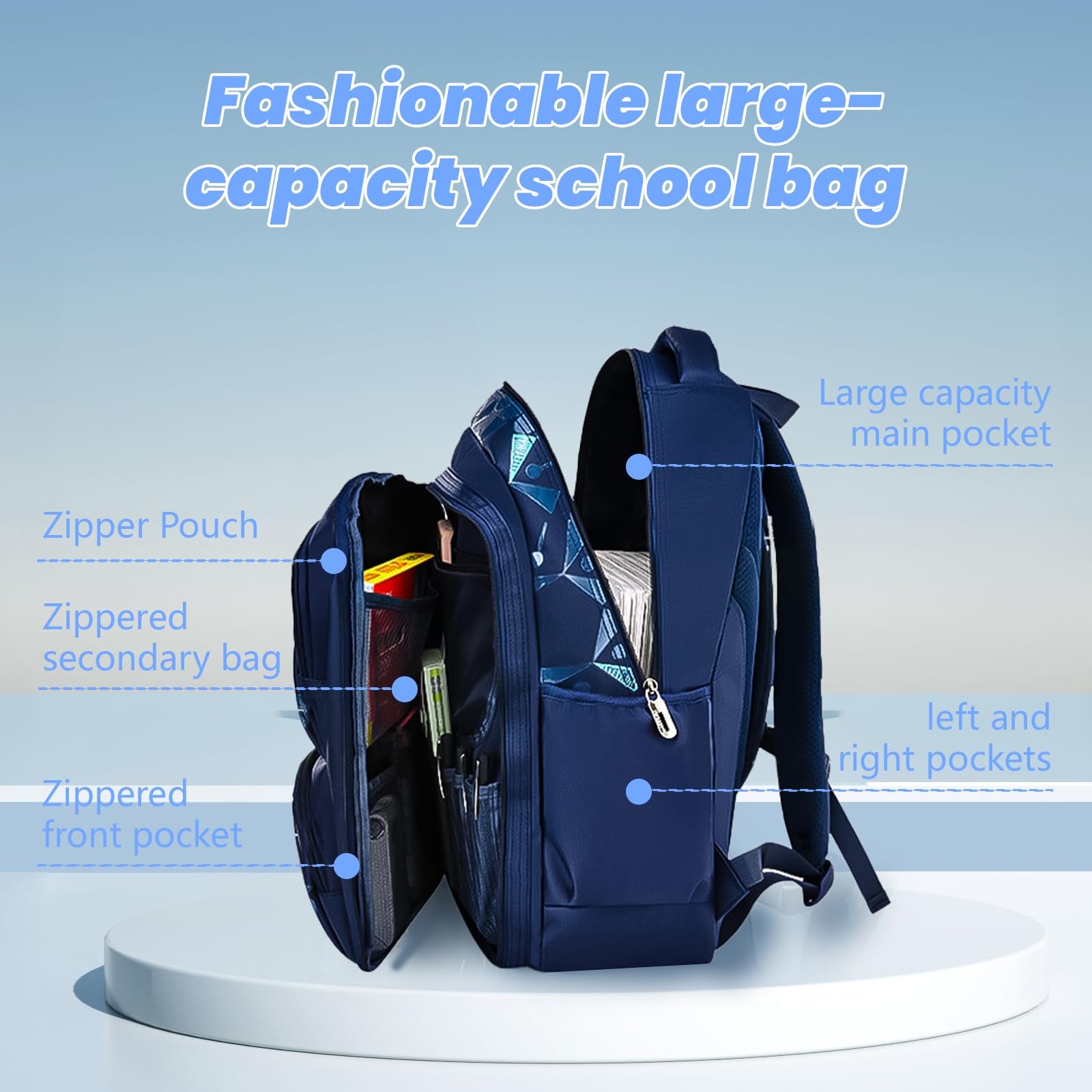 Boys School Backpacks for Kids, Fashion Bookbags for Teens, Lightweight Shoulder School Bags, Blue