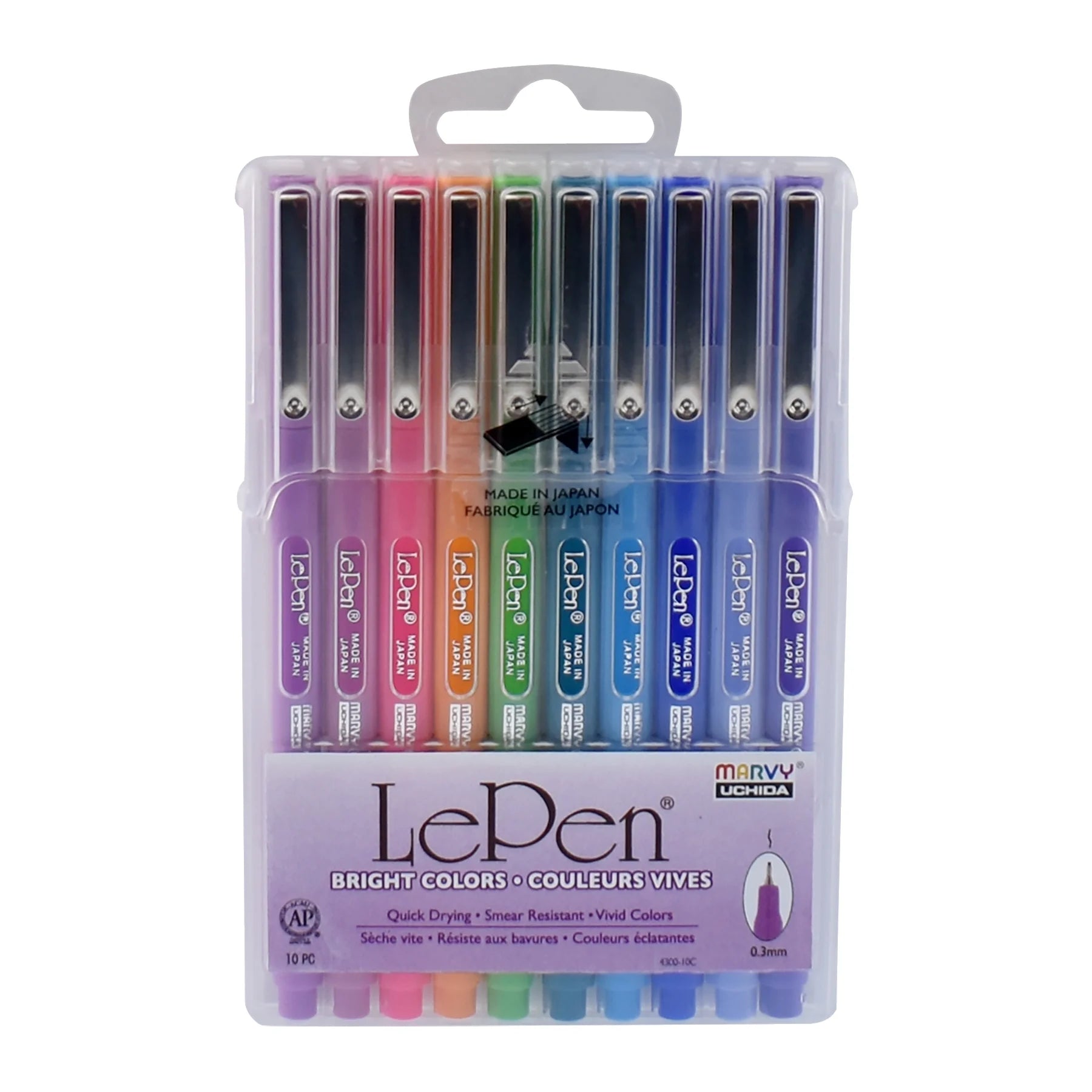 Le Pen Brand , Lepen, Felt Tip Pens, Bright Colors, Medium Point, 0.3 Mm, 10 Count Assorted Pens,