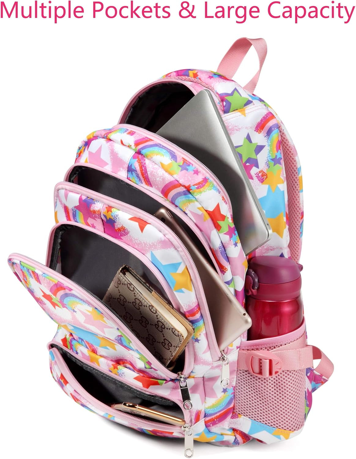 Kids Backpack for Girls Elementary Primary School Bags for Kindergarten Childs Bookbags Lightweight Cute Gifts 17" Mochilas Escolares Para Niñas De 6 7 8 9 Rainbow Pink