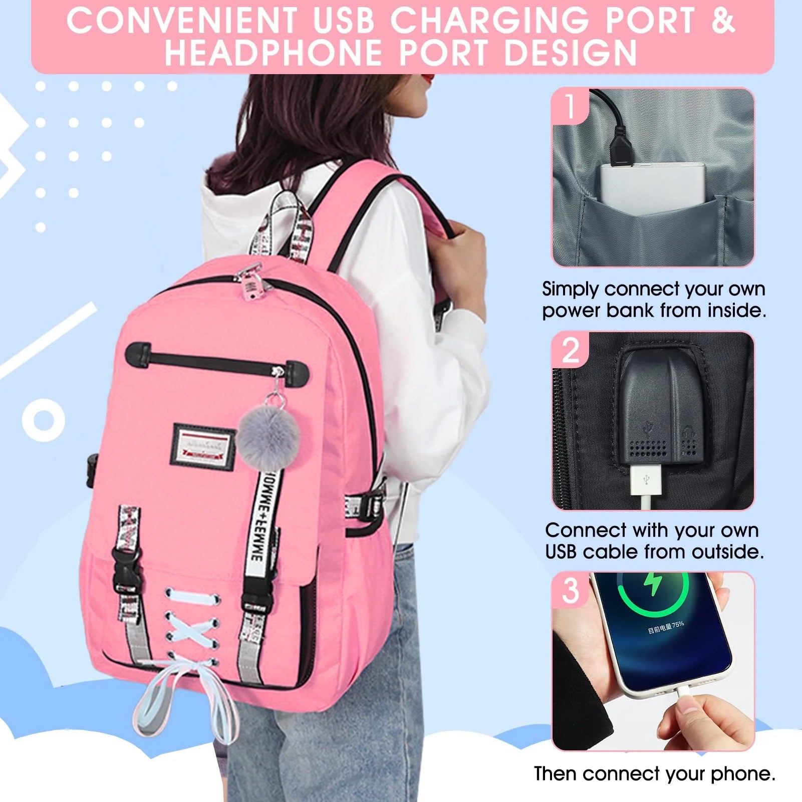 Fashion Teenage School Backpack Student Middle School Bag Men and Women Anti-Theft Laptop Backpack with USB Charging Port (Pink), One Size