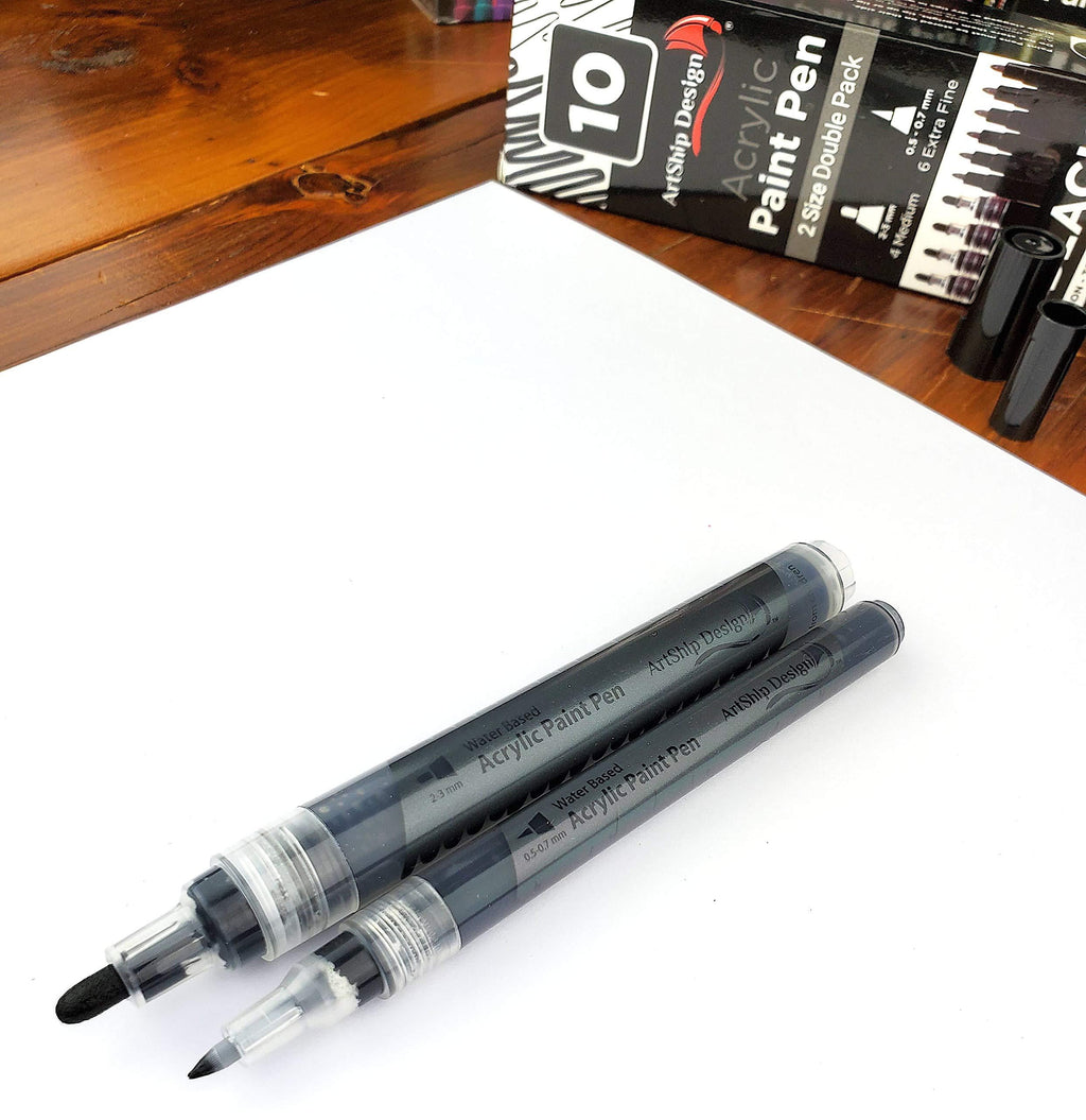 10 Black Acrylic Paint Pens, Double Pack of Both Extra Fine and Medium Tip Paint Markers -