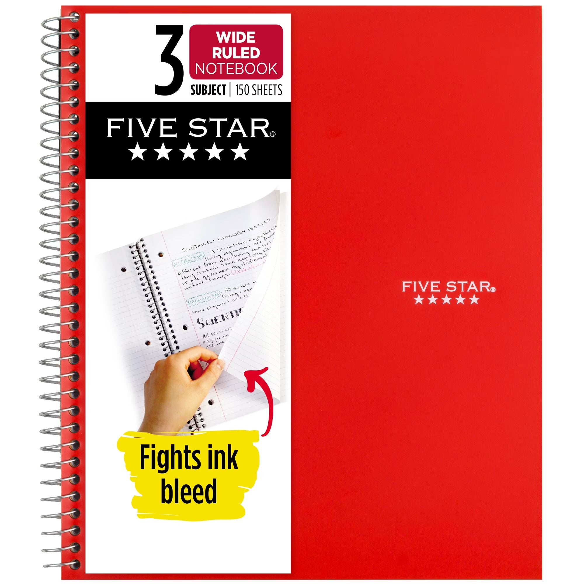 Spiral Notebook + Study App, 3 Subject, Wide Ruled, 8" X 10.5", Fire Red