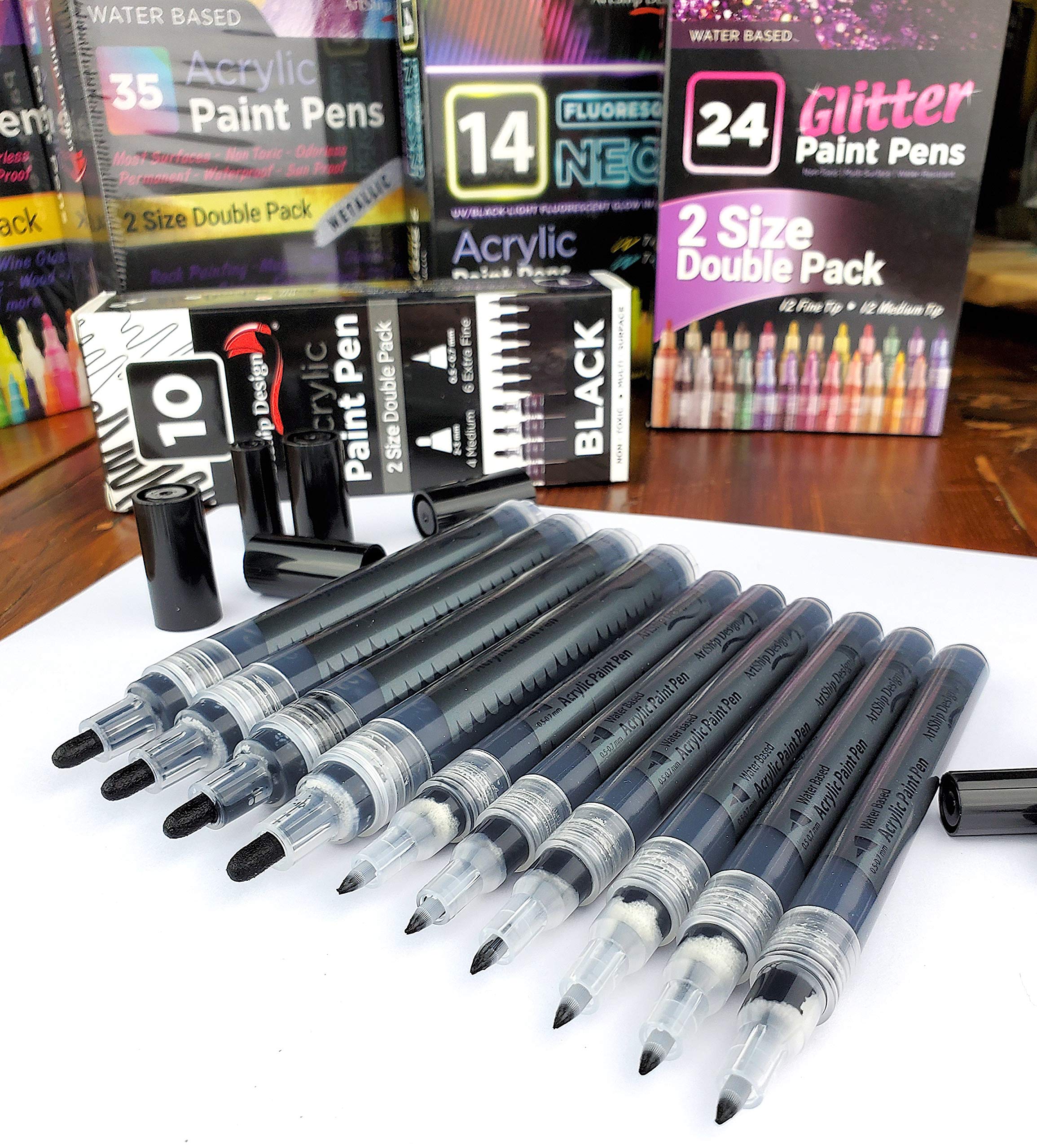 10 Black Acrylic Paint Pens, Double Pack of Both Extra Fine and Medium Tip Paint Markers -