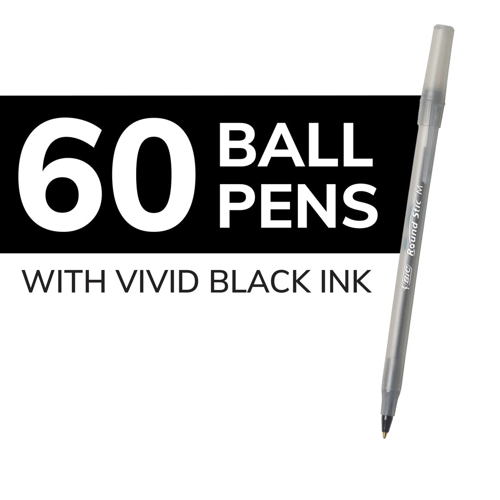 round Stic Xtra Life Ballpoint Pen, Medium Point 1.0 Mm, Black Ink - 60 Pack