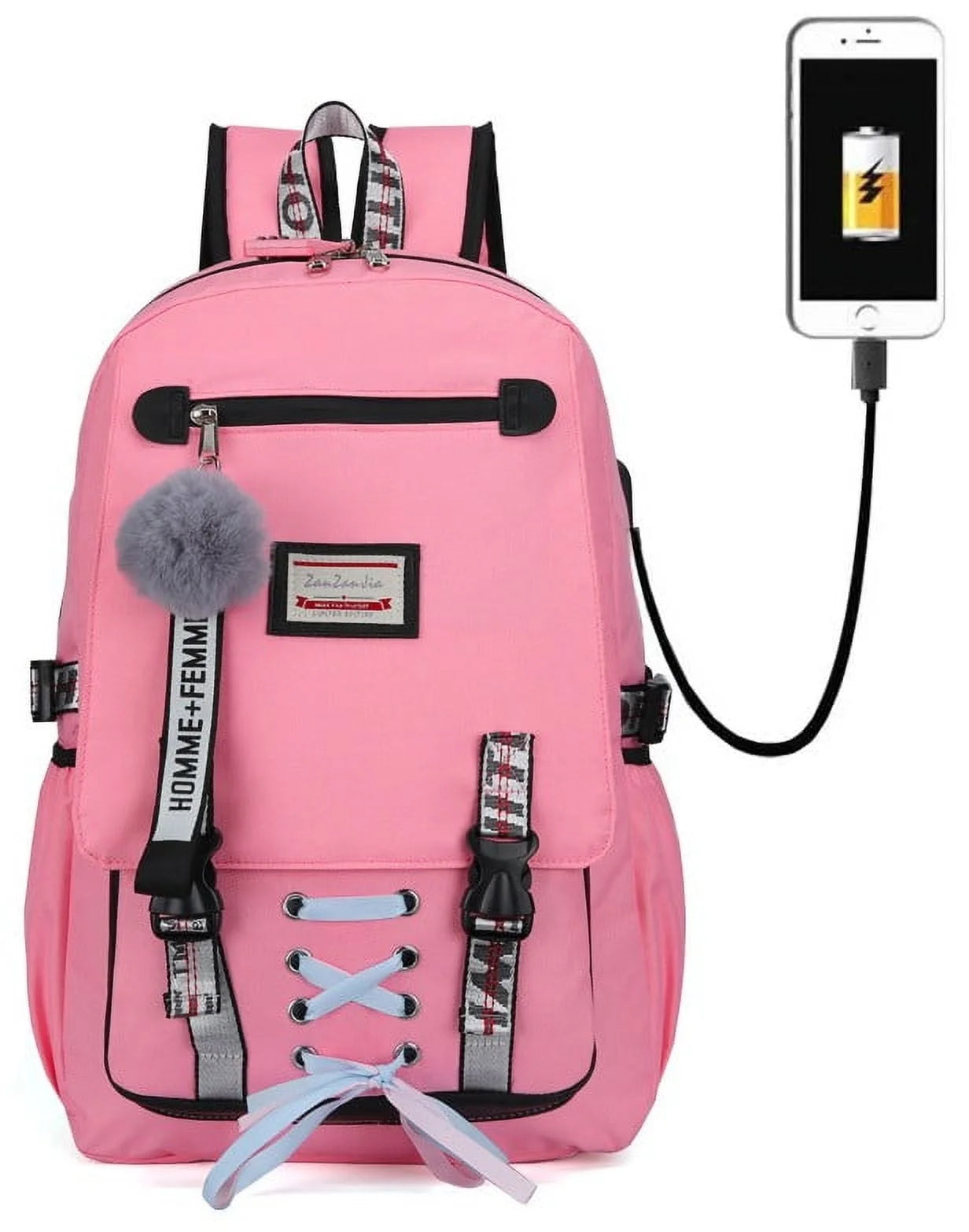 Fashion Teenage School Backpack Student Middle School Bag Men and Women Anti-Theft Laptop Backpack with USB Charging Port (Pink), One Size