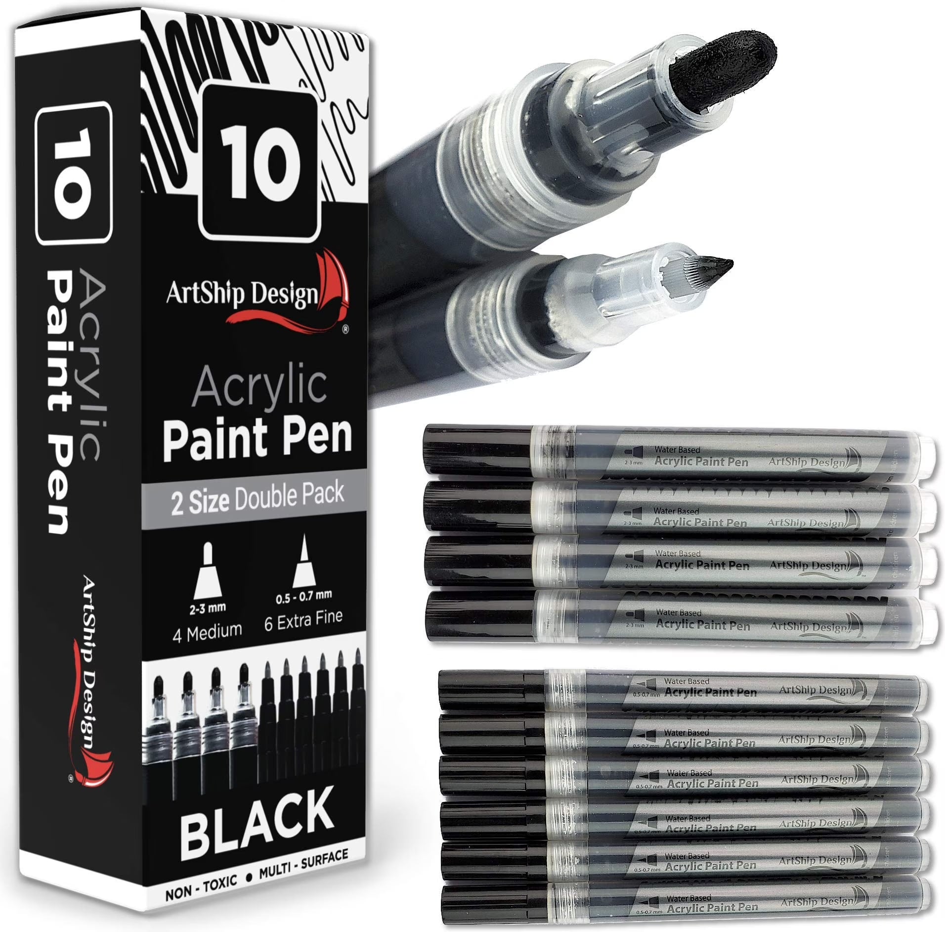10 Black Acrylic Paint Pens, Double Pack of Both Extra Fine and Medium Tip Paint Markers -